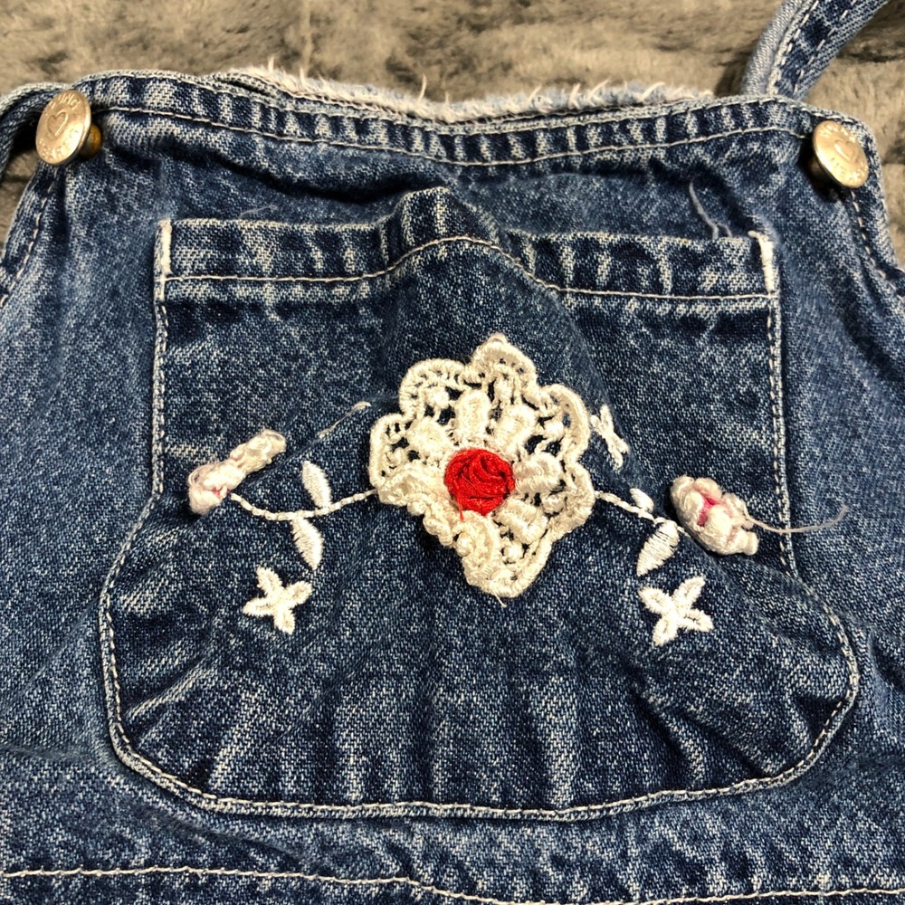Young Hearts Denim Overalls Kids Size 6‎ Blue Floral Embroidered Crochet Bib